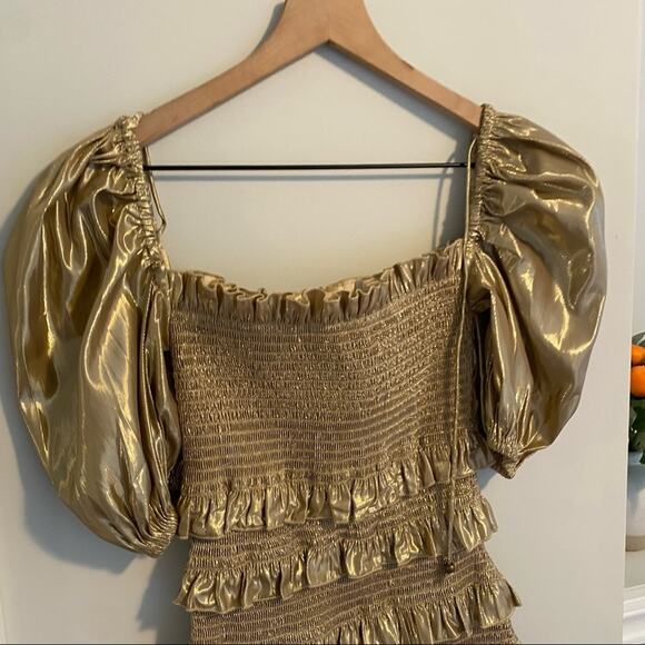 V. Chapman Gold Metallic Smocked Tiered Puff Sleeve Mini Dress 0 - Picture 13 of 16